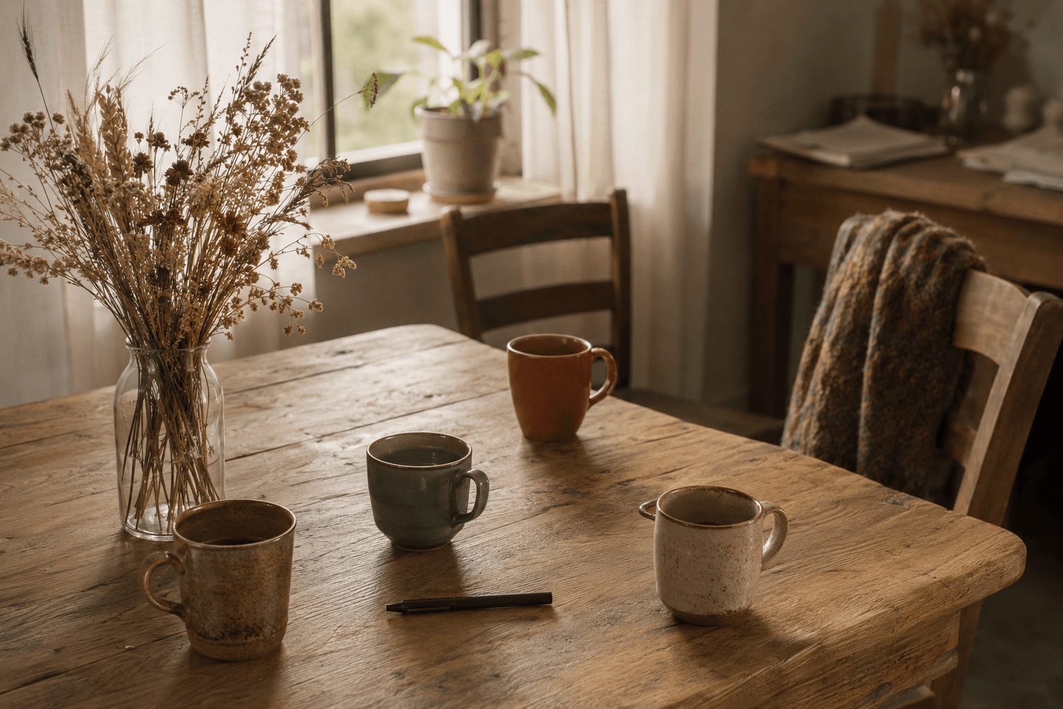 Holztisch mit handgemachten Keramik-Tassen und Trockenblumen, weggeschobener Stuhl mit Wollschal