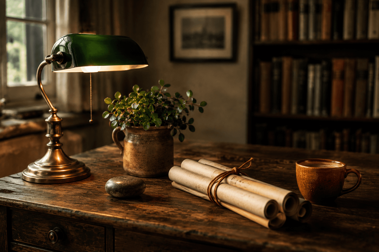 Schreibtisch mit Bankerlampe, Tonkrug mit Pflanze und gerollten Plänen