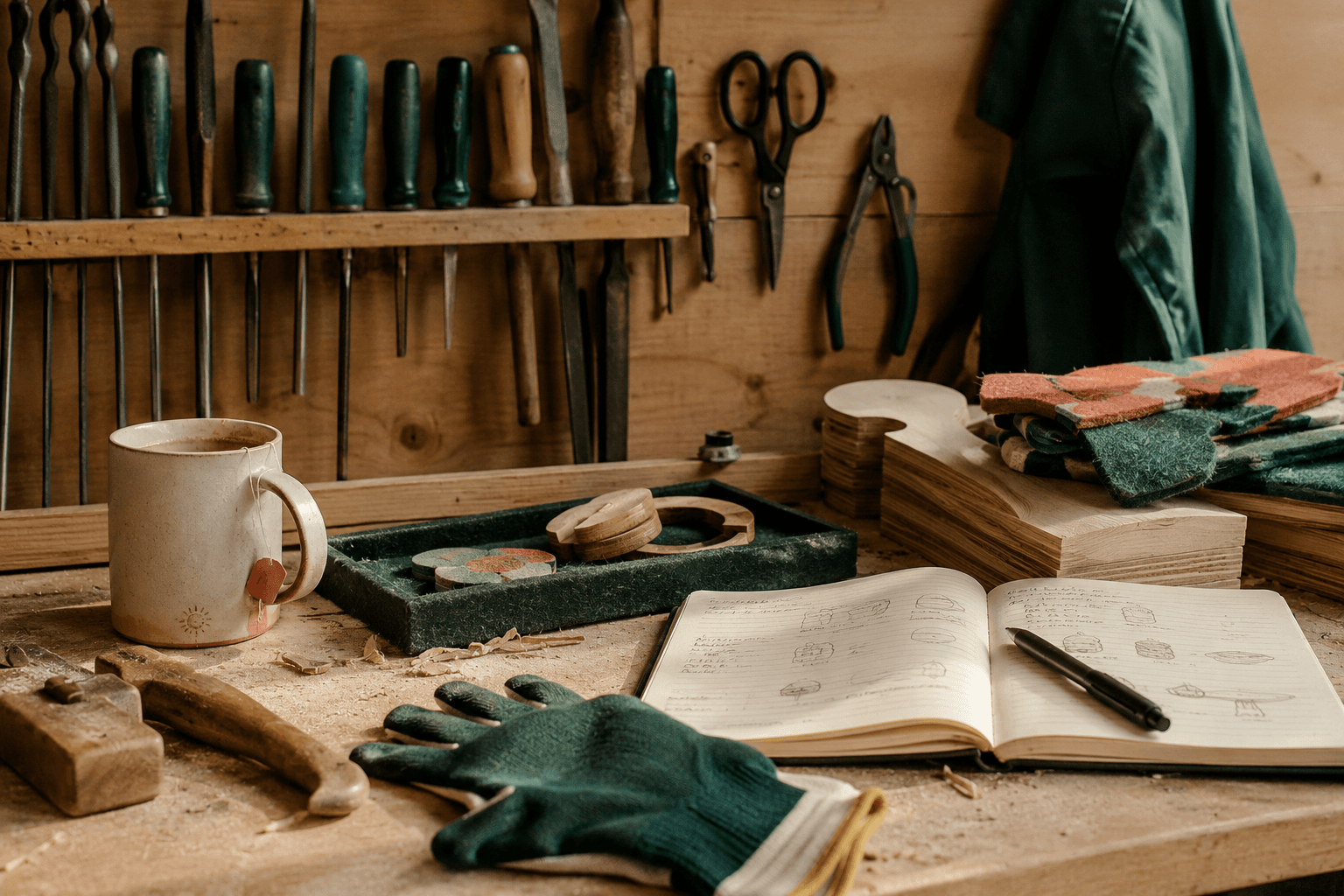 Werkstatt mit Werkzeugleiste, Filz-Werkstücken und Notizbuch mit Skizzen